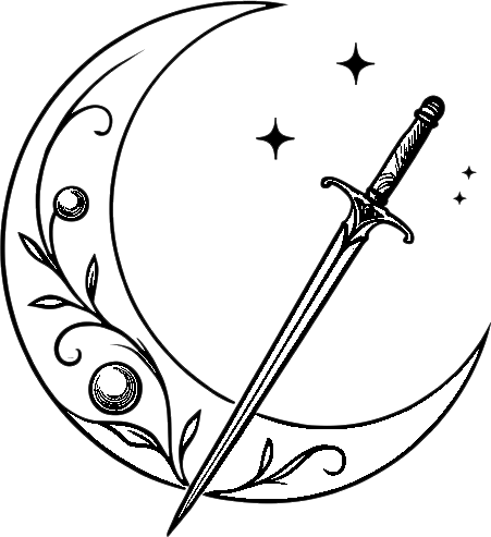 Mythriel Jewelry crest — crescent moon and sword